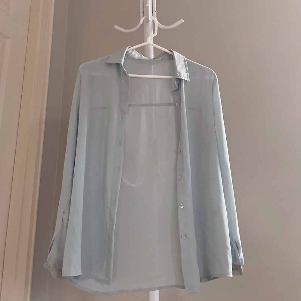 Light Blue Long Sleeve Button Down Chiffon Shirt With Collar Office Wear